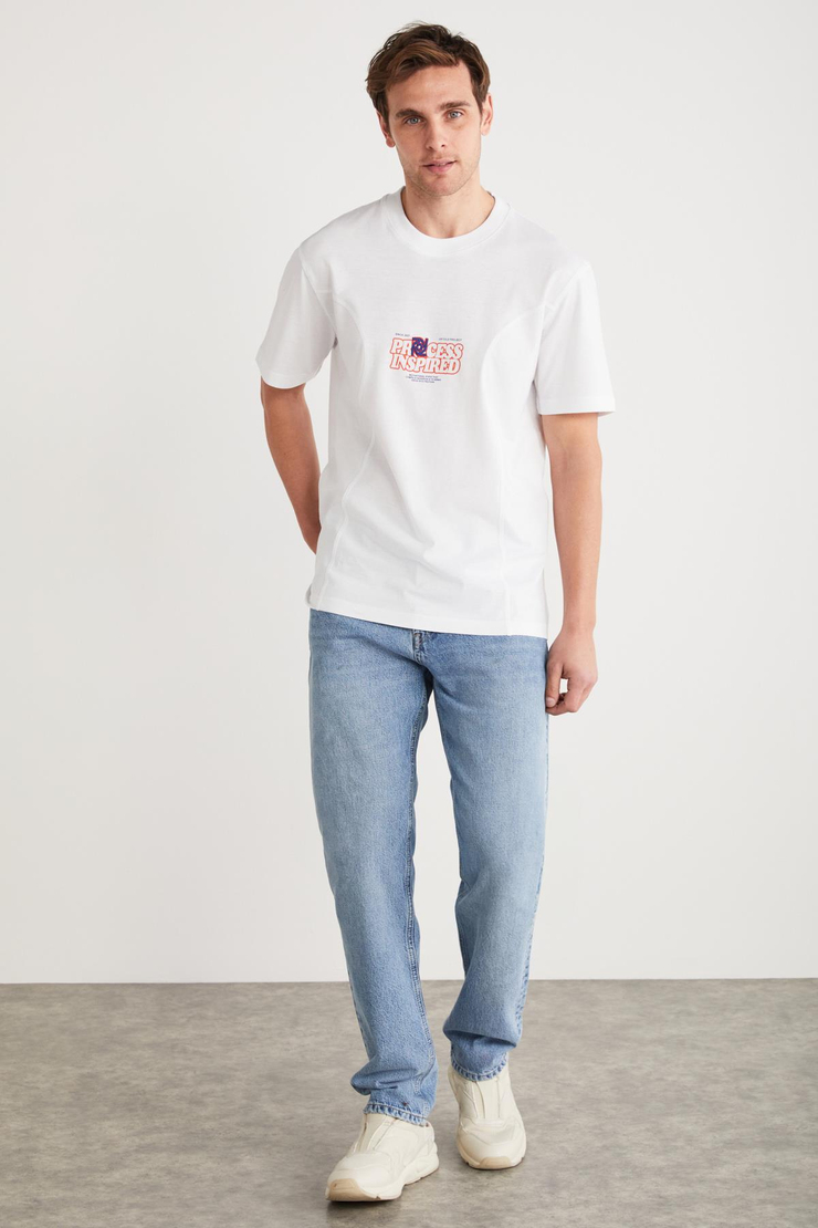 MANUEL Basic Oversize Beyaz Tekli T-Shirt