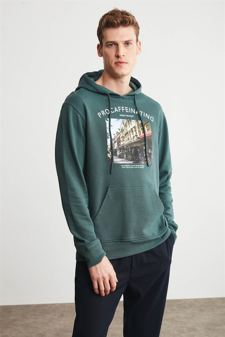 MARCUS Erkek Yeşil Baskılı Kapüşonlu Comfort Fit Sweatshirt
