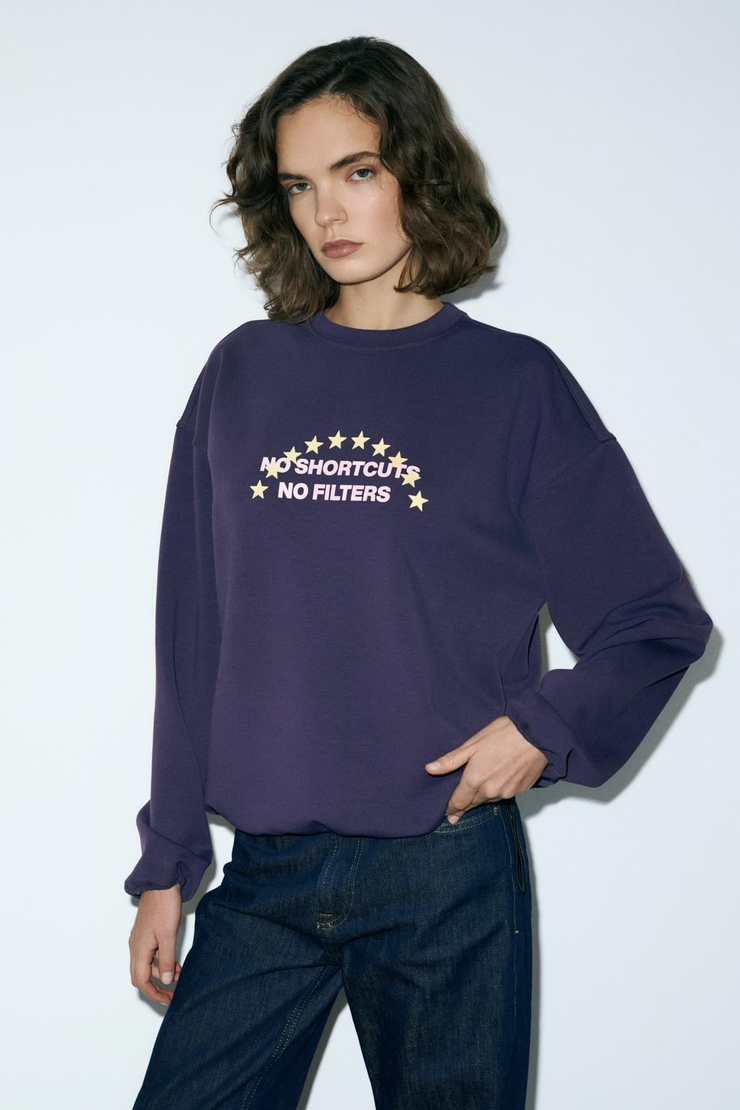 MARIELA Kadın Yuvarlak Yaka Baskı Detaylı Oversıze Mor Sweatshirt