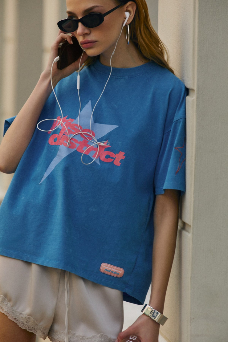 MARILENNE Kadın Yumuşak Kumaşlı %100 Pamuk Baskı Detaylı Mavi T-Shirt