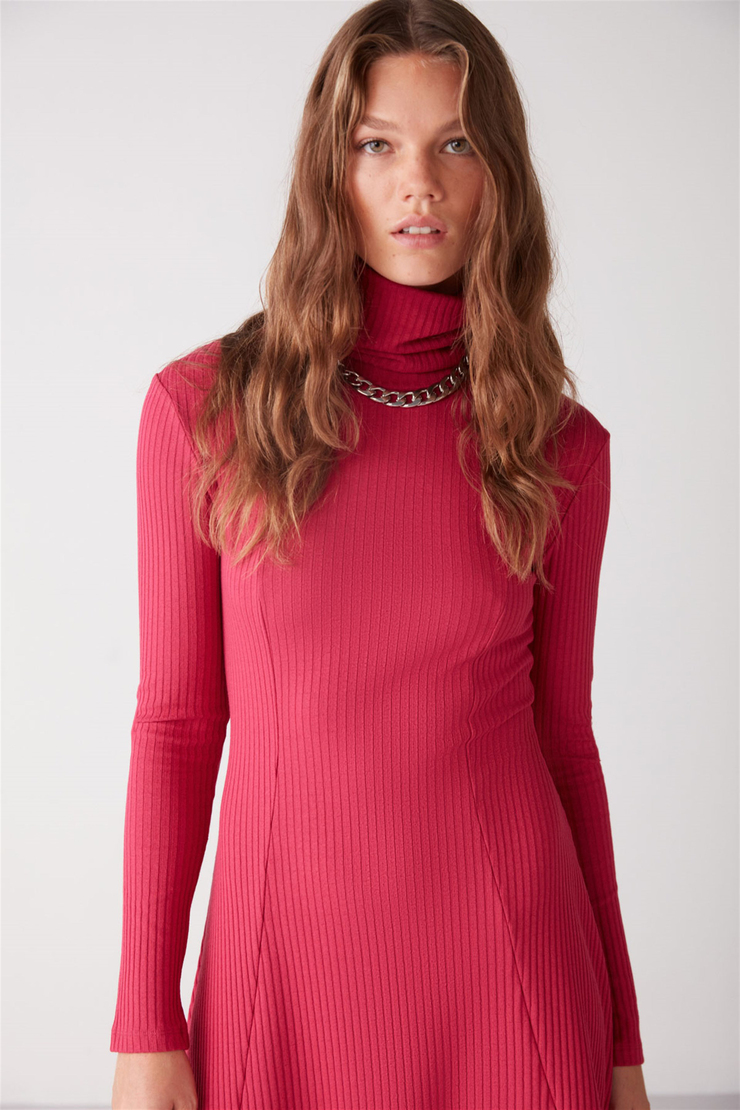 MARINA Örme Slim Fit Fuşya  Elbise