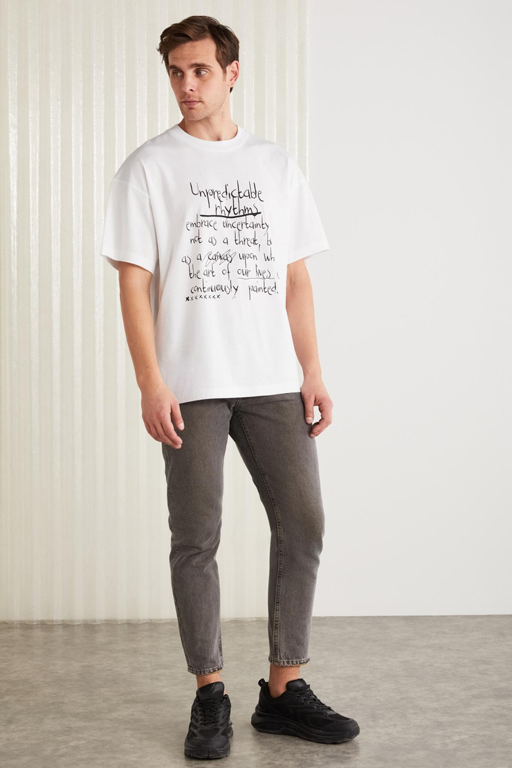 MARIONA Erkek %100 Pamuk Önü Baskılı Kısa Kollu Bisiklet Yaka Oversize Beyaz T-Shirt