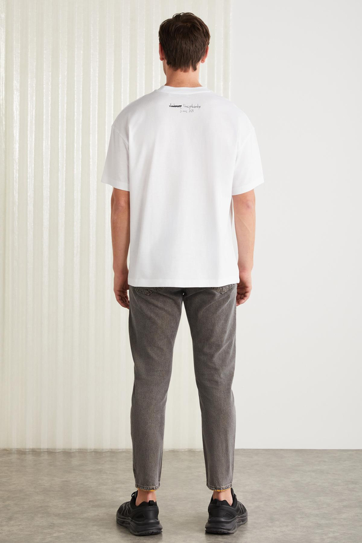 MARIONA Erkek %100 Pamuk Önü Baskılı Kısa Kollu Bisiklet Yaka Oversize Beyaz T-Shirt