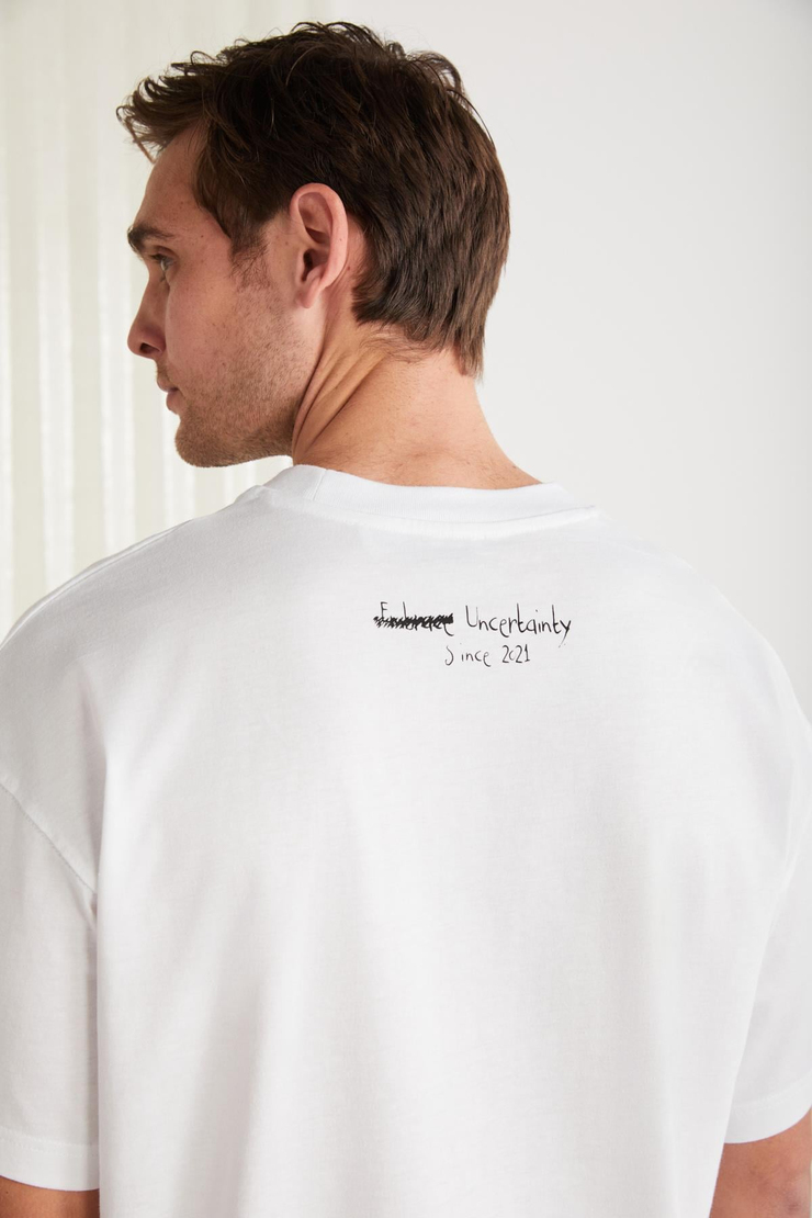 MARIONA Erkek %100 Pamuk Önü Baskılı Kısa Kollu Bisiklet Yaka Oversize Beyaz T-Shirt