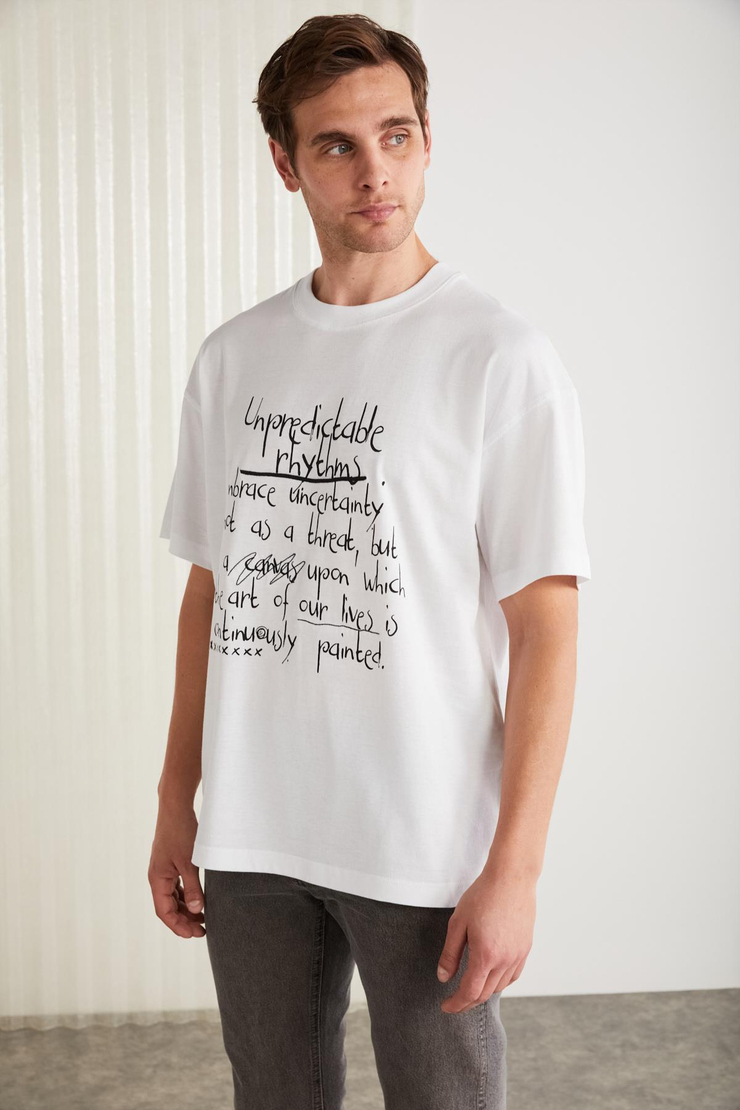 MARIONA Erkek %100 Pamuk Önü Baskılı Kısa Kollu Bisiklet Yaka Oversize Beyaz T-Shirt