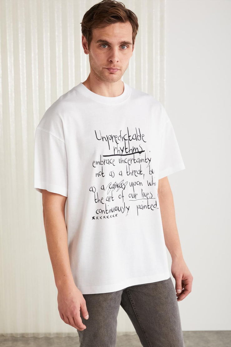 MARIONA Erkek %100 Pamuk Önü Baskılı Kısa Kollu Bisiklet Yaka Oversize Beyaz T-Shirt