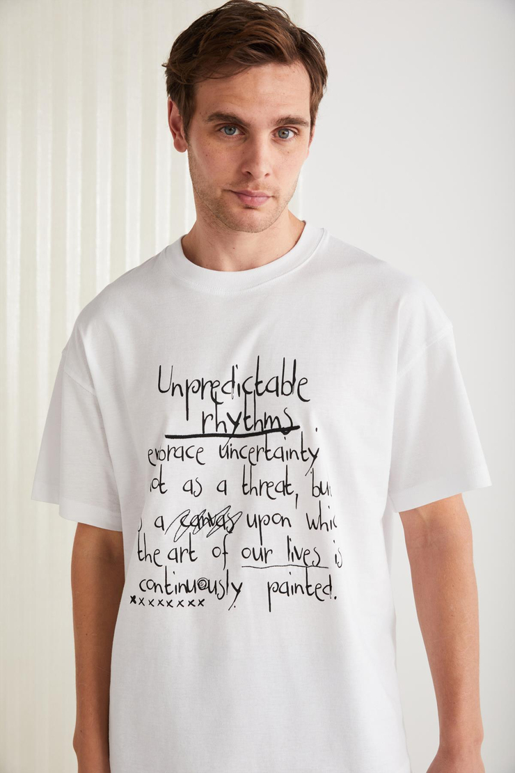 MARIONA Erkek %100 Pamuk Önü Baskılı Kısa Kollu Bisiklet Yaka Oversize Beyaz T-Shirt