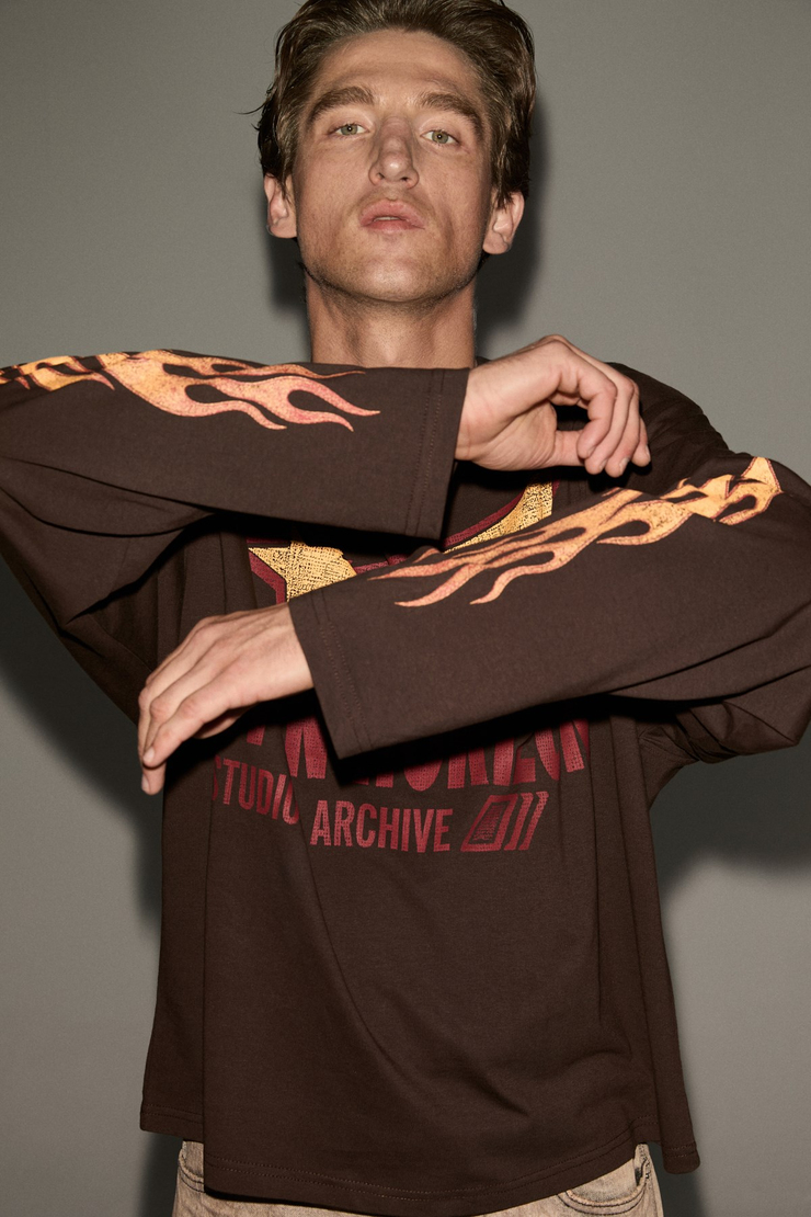 MARQUEZ Erkek Organik Pamuklu Uzun Kollu Baskılı Kahverengi T-Shirt