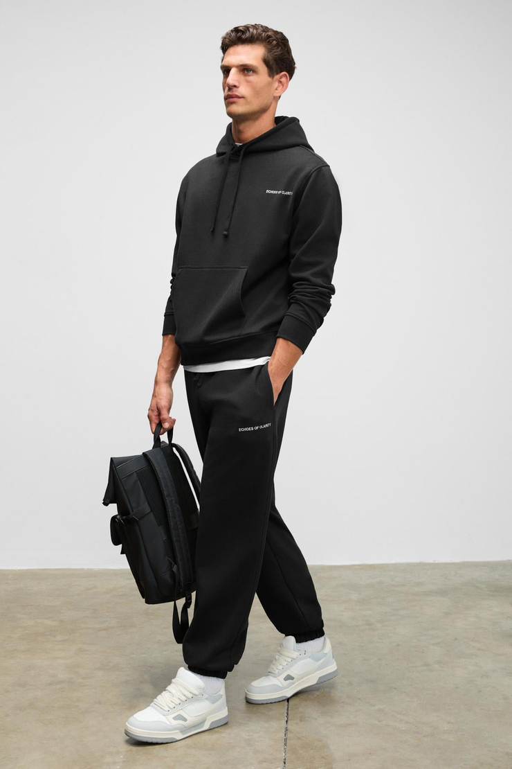 MARSHALLHOODIE Erkek Pamuklu İçi Polarlı Nakışlı Relaxed Siyah Eşofman Takımı