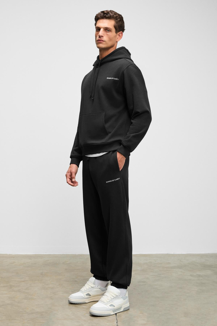 MARSHALLHOODIE Erkek Pamuklu İçi Polarlı Nakışlı Relaxed Siyah Eşofman Takımı