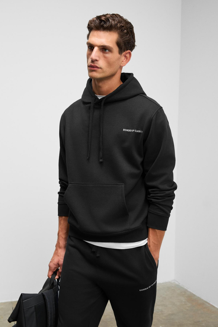 MARSHALLHOODIE Erkek Pamuklu İçi Polarlı Nakışlı Relaxed Siyah Eşofman Takımı