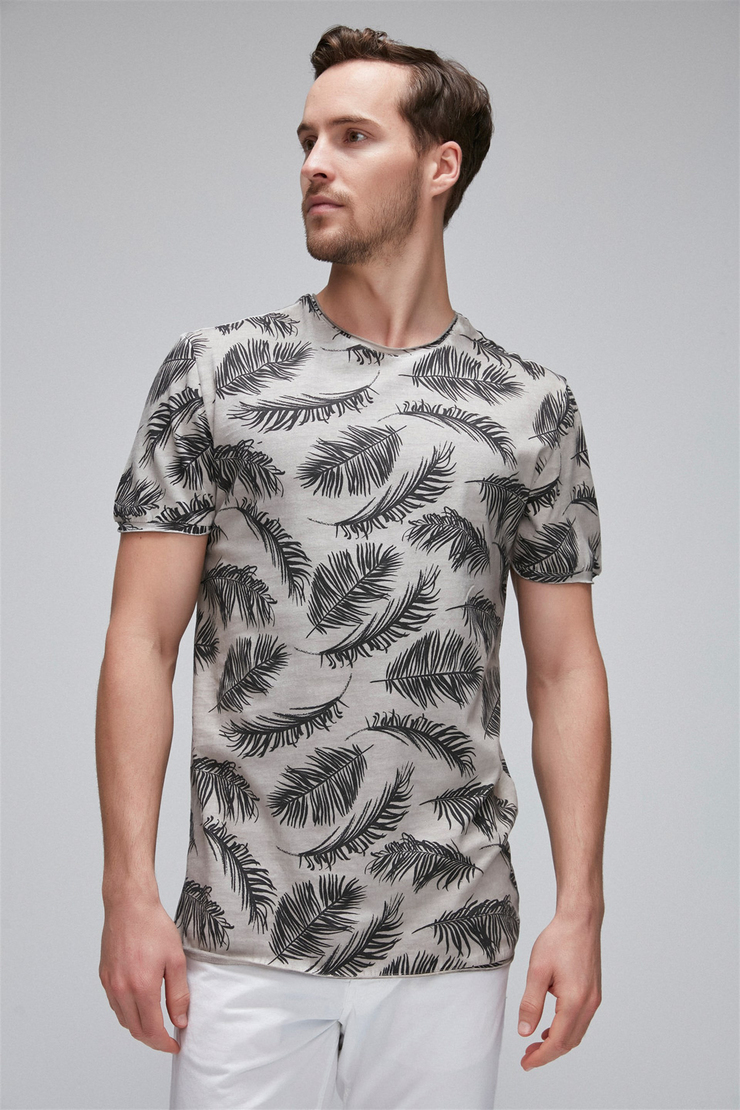 MATEO Erkek Bej Baskılı Yuvarlak Yaka Comfort Fit T-Shirt