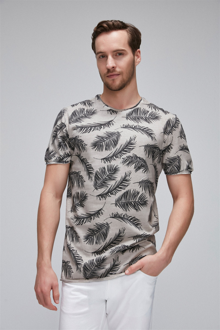 MATEO Erkek Bej Baskılı Yuvarlak Yaka Comfort Fit T-Shirt