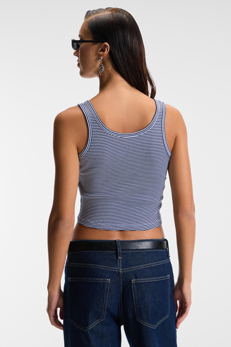 MAVSERA Kadın Kalın Askılı U Yaka Patlı Düğmeli Crop Slim Lacivert - Beyaz Atlet