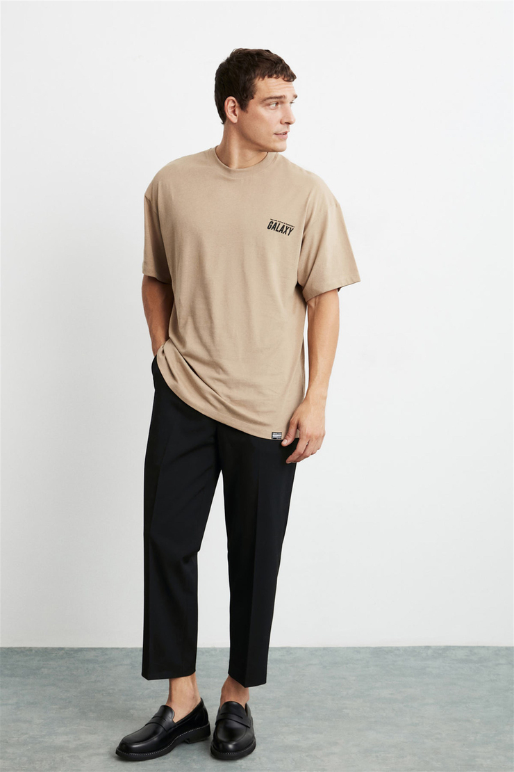 MAXIMUS Erkek Bej Baskılı Yuvarlak Yaka Oversize T-Shirt