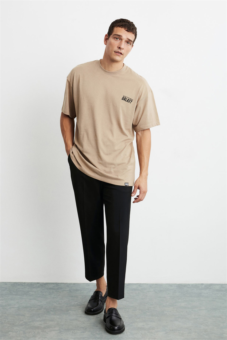 MAXIMUS Erkek Bej Baskılı Yuvarlak Yaka Oversize T-Shirt
