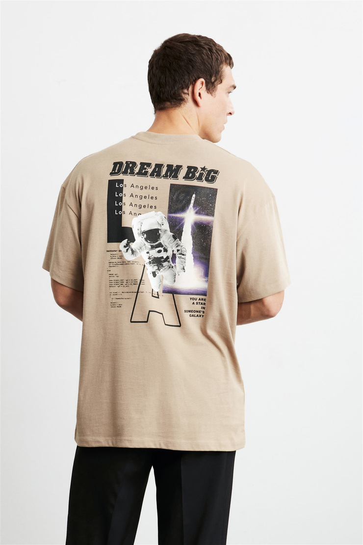 MAXIMUS Erkek Bej Baskılı Yuvarlak Yaka Oversize T-Shirt