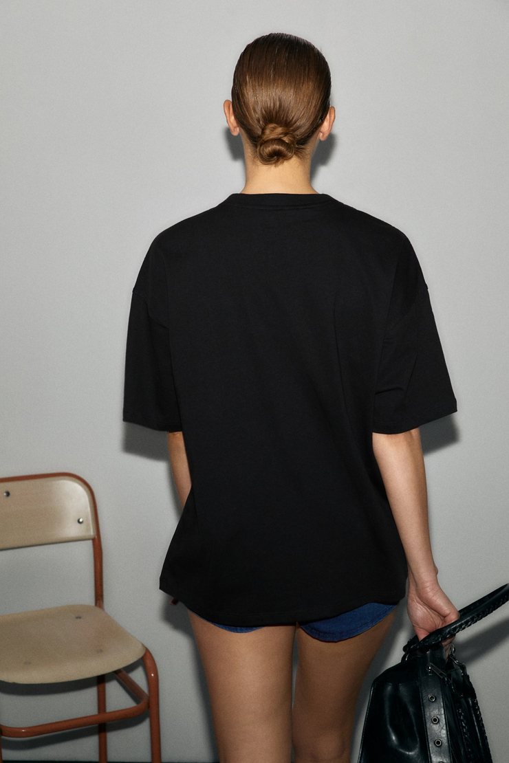 MECHELENA Kadın %100 Organik Pamuklu Yuvarlak Yakalı Baskılı Siyah T-Shirt
