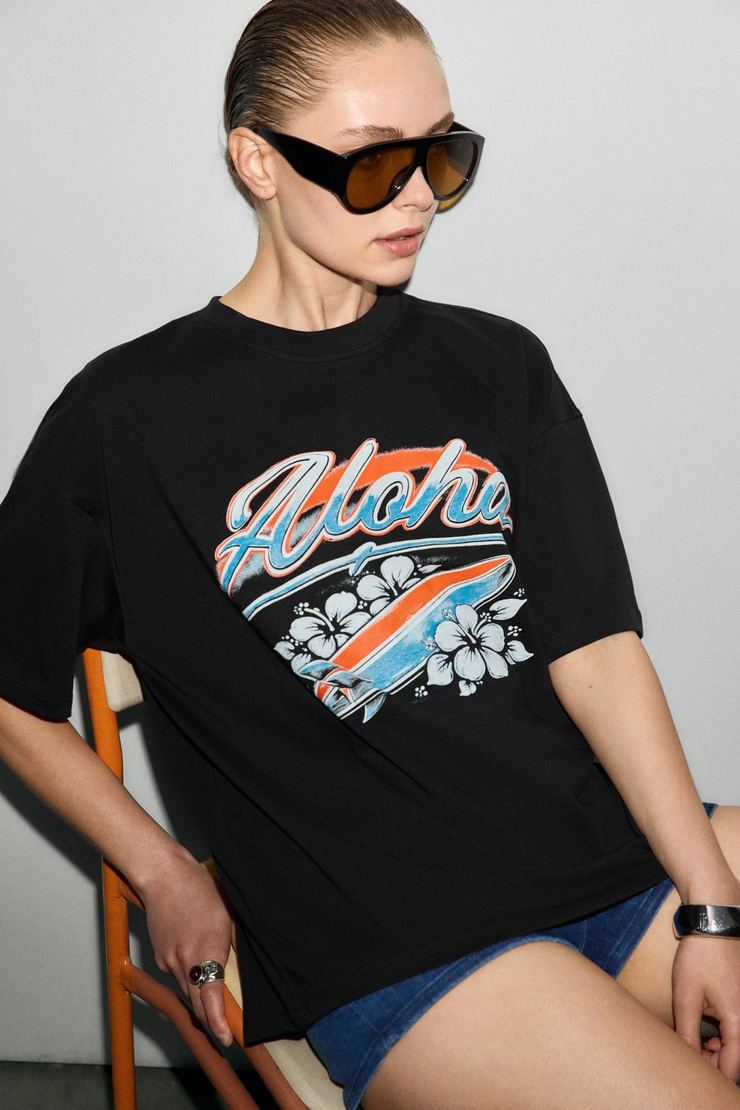 MECHELENA Kadın %100 Organik Pamuklu Yuvarlak Yakalı Baskılı Siyah T-Shirt