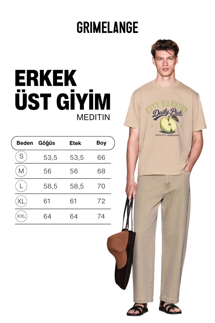 MEDITIN Erkek %100 Organik Pamuklu Yuvarlak Yakalı Baskı Detaylı Bej T-Shirt