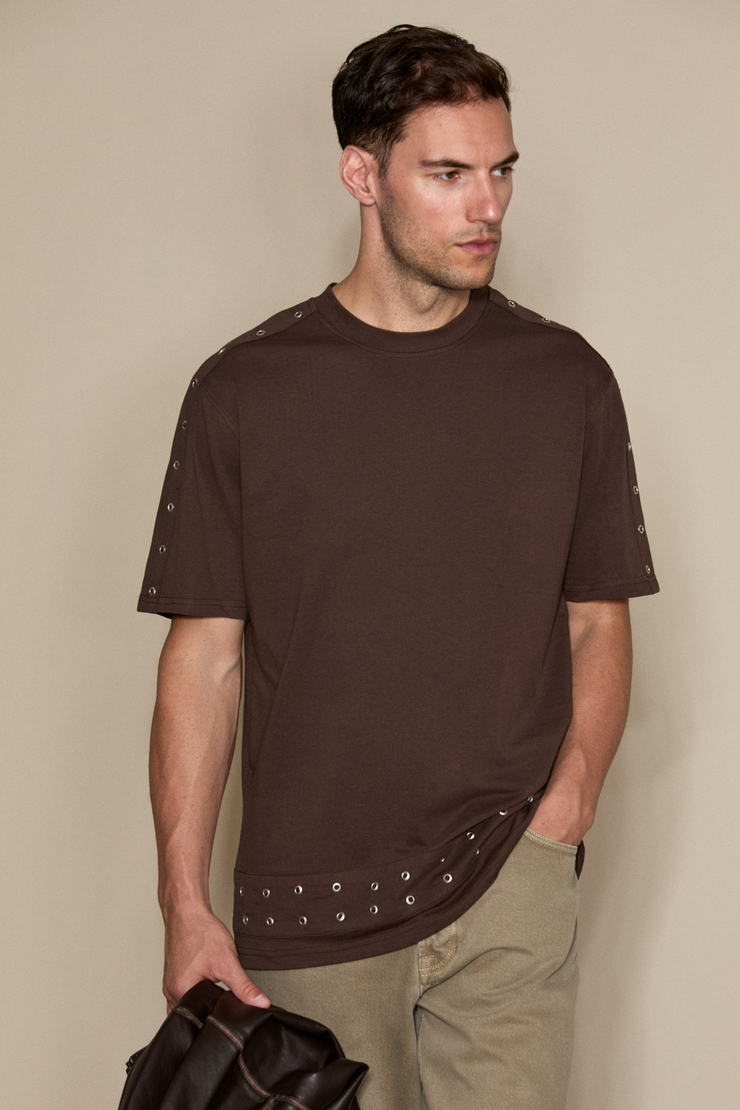 MELINDRO Erkek Organik Pamuklu Taşlı Relaxed Fit Kahverengi T-Shirt
