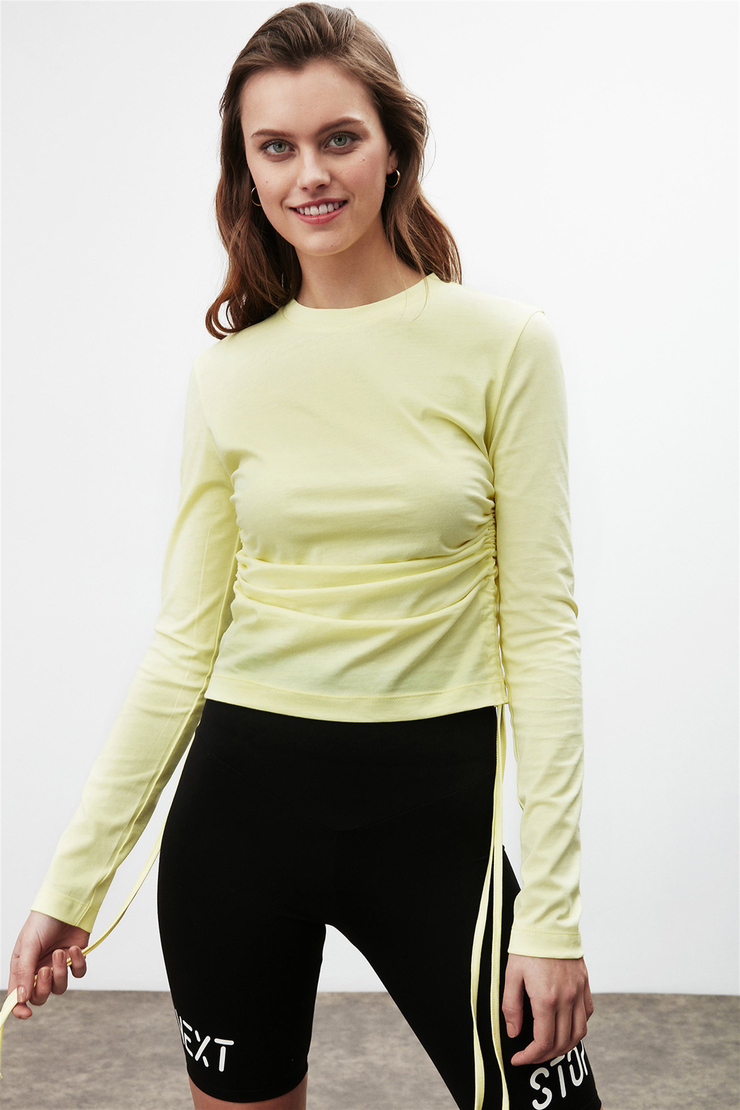 MELISSA Kadın Sarı Düz Renk Yuvarlak Yaka Slim Fit Bluz