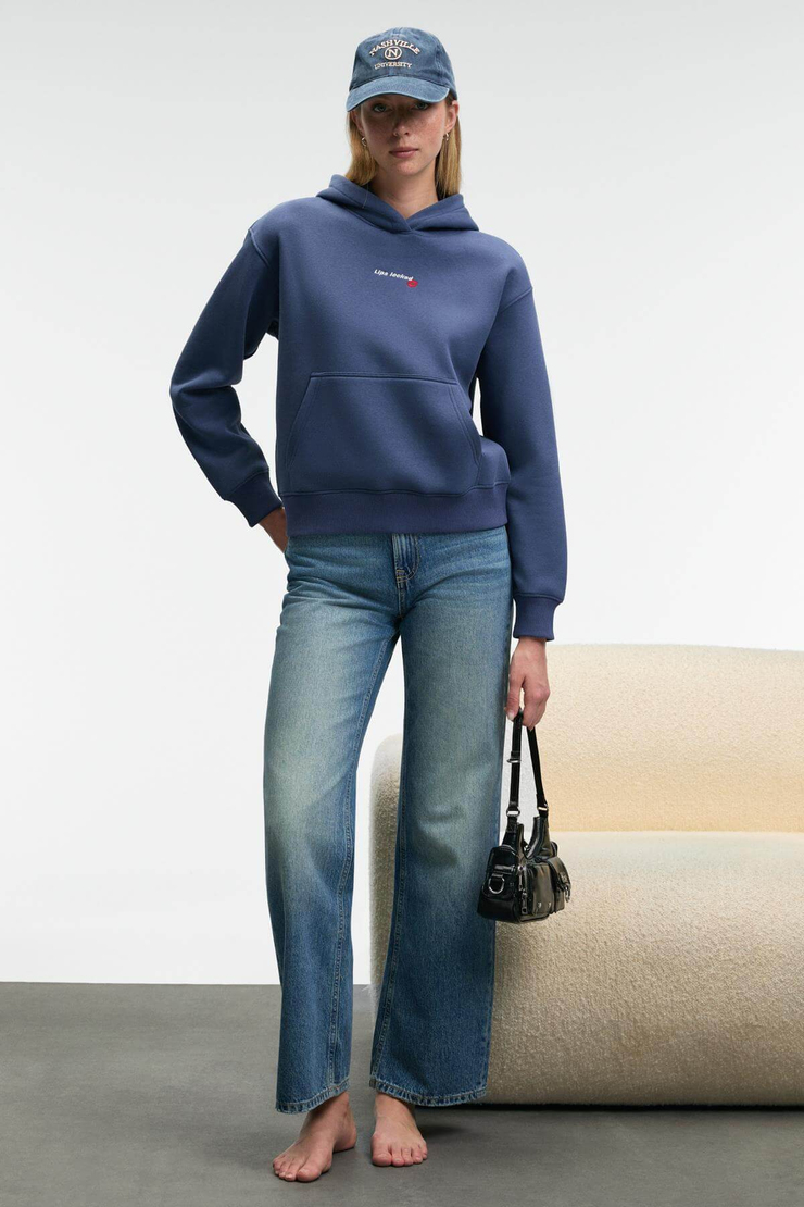 MELUREA Kadın Nakışlı Kapüşonlu Comfort Fit Koyu Mavi Sweatshirt