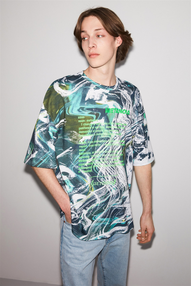 METANOIA Erkek Yeşil Desenli Yuvarlak Yaka Oversize T-Shirt