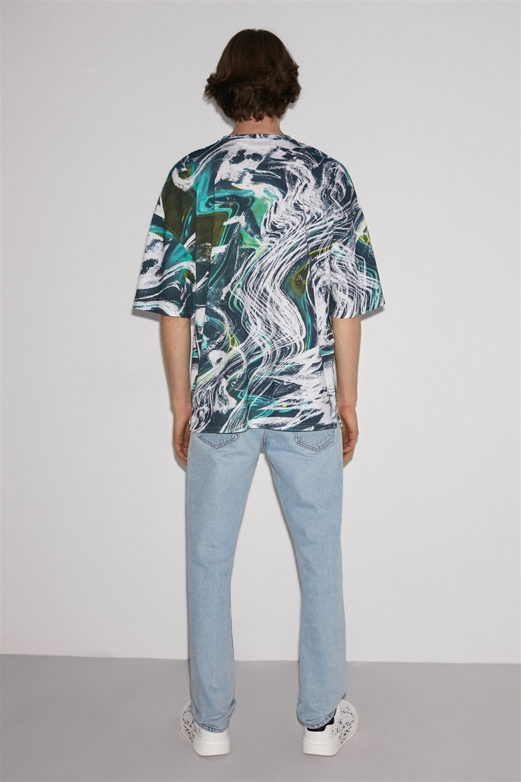 METANOIA Erkek Yeşil Desenli Yuvarlak Yaka Oversize T-Shirt