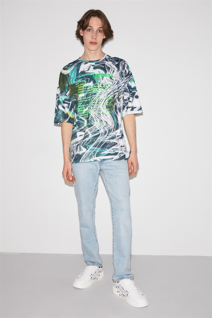 METANOIA Erkek Yeşil Desenli Yuvarlak Yaka Oversize T-Shirt
