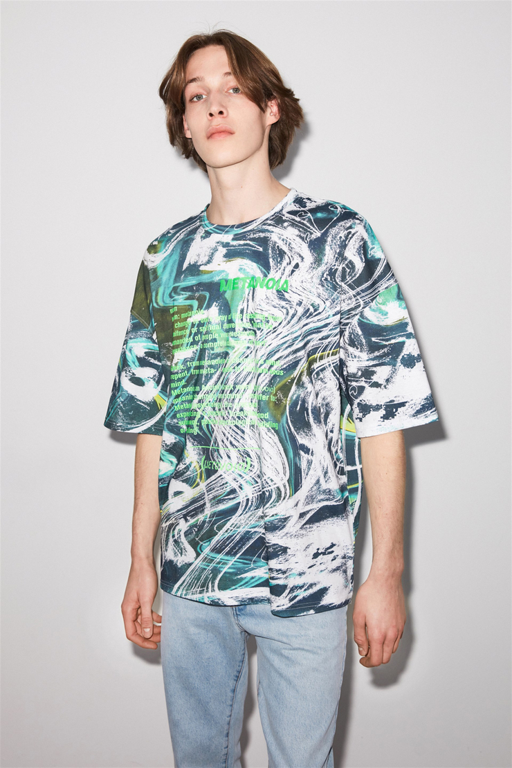 METANOIA Erkek Yeşil Desenli Yuvarlak Yaka Oversize T-Shirt