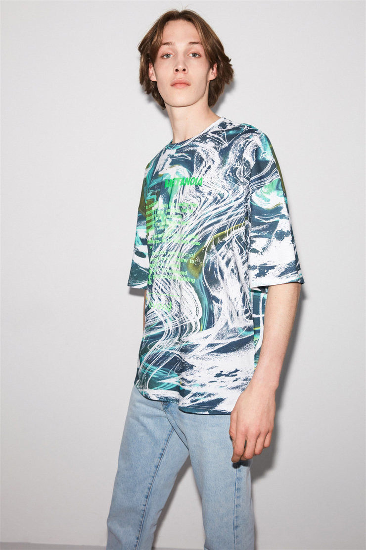 METANOIA Erkek Yeşil Desenli Yuvarlak Yaka Oversize T-Shirt