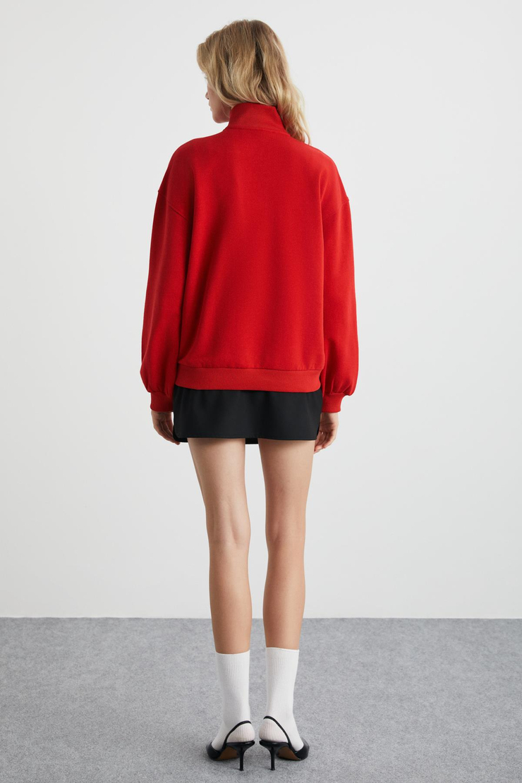 MEYBELINA Kadın %100 Organik Pamuk Dik Yaka Yazılı Kırmızı Sweatshirt