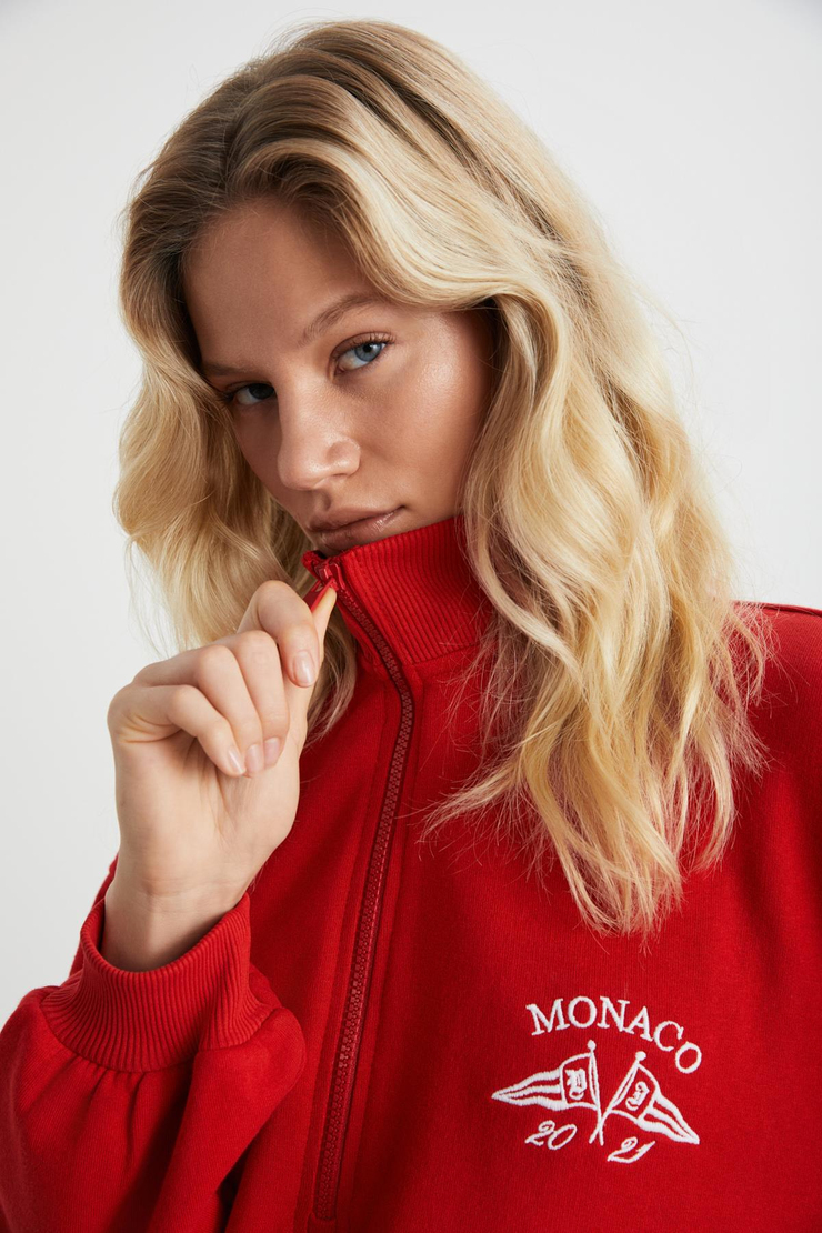 MEYBELINA Kadın %100 Organik Pamuk Dik Yaka Yazılı Kırmızı Sweatshirt