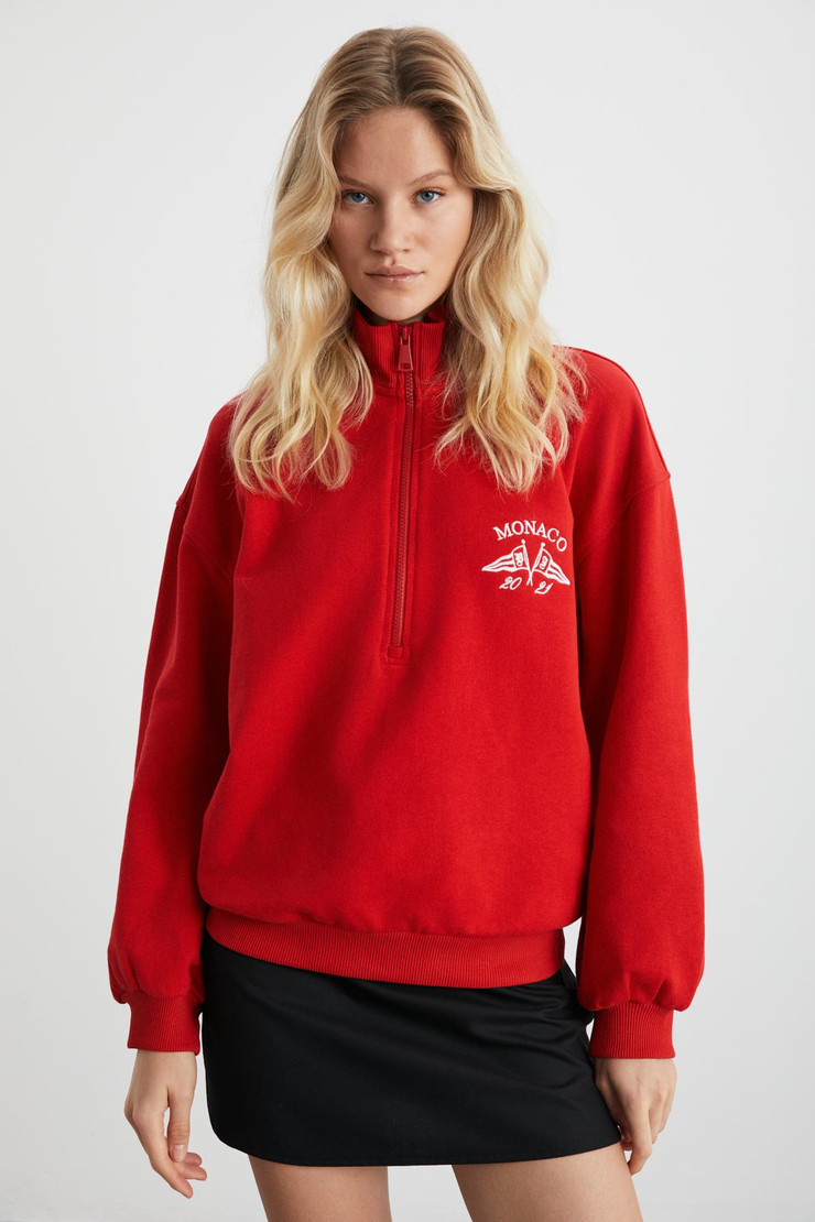 MEYBELINA Kadın %100 Organik Pamuk Dik Yaka Yazılı Kırmızı Sweatshirt