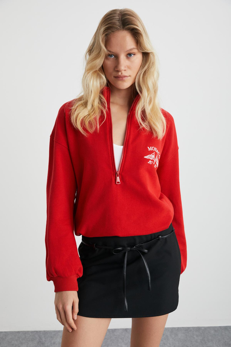MEYBELINA Kadın %100 Organik Pamuk Dik Yaka Yazılı Kırmızı Sweatshirt