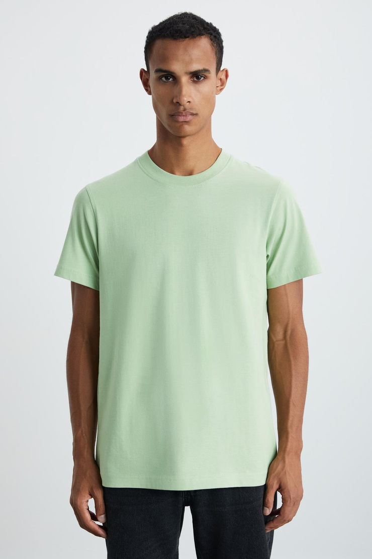 MICHEL Erkek Slim Fit Dar Kesim %100 Organik Pamuklu Yana Kayan Dikişli  Basic Örme Fıstık Yeşili T-Shirt