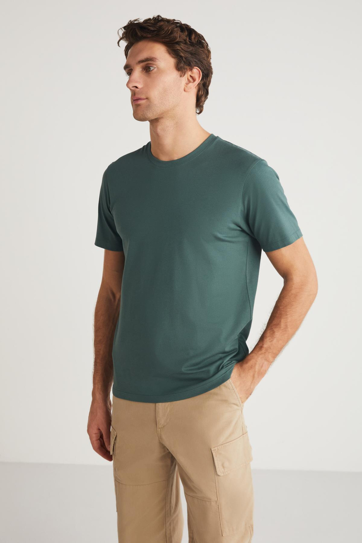 MICHEL Erkek Slim Fit Dar Kesim %100 Organik Pamuklu Yana Kayan Dikişli  Basic Örme Yeşil T-Shirt