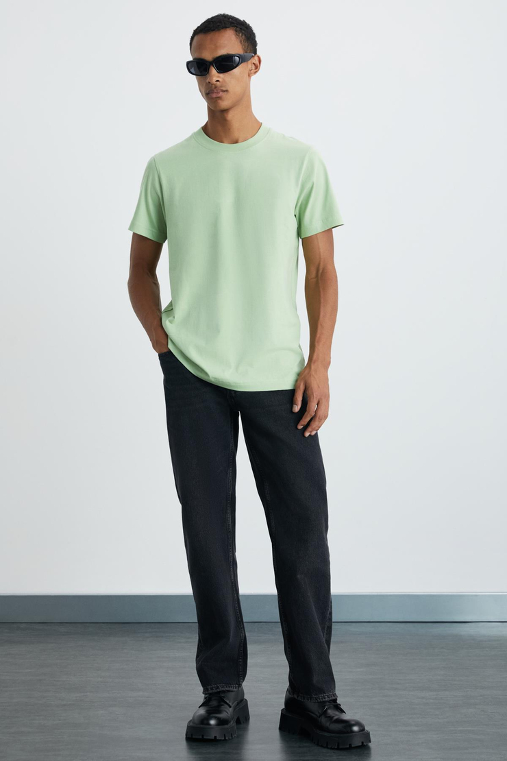 MICHEL Erkek Slim Fit Dar Kesim %100 Organik Pamuklu Yana Kayan Dikişli  Basic Örme Fıstık Yeşili T-Shirt