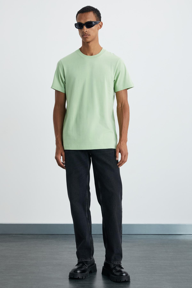 MICHEL Erkek Slim Fit Dar Kesim %100 Organik Pamuklu Yana Kayan Dikişli  Basic Örme Fıstık Yeşili T-Shirt