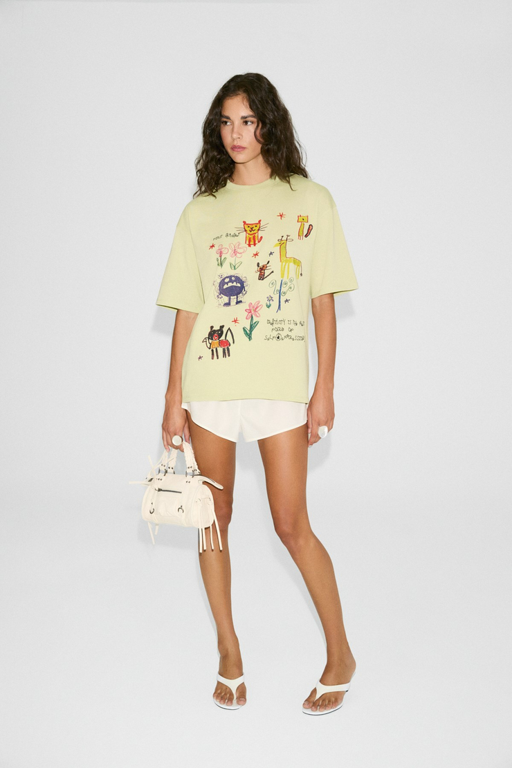 MILLIE Kadın %100 Organik Pamuklu Oversize Kalıp Bol Kesim Baskı ve Nakış Detaylı Yeşil T-Shirt