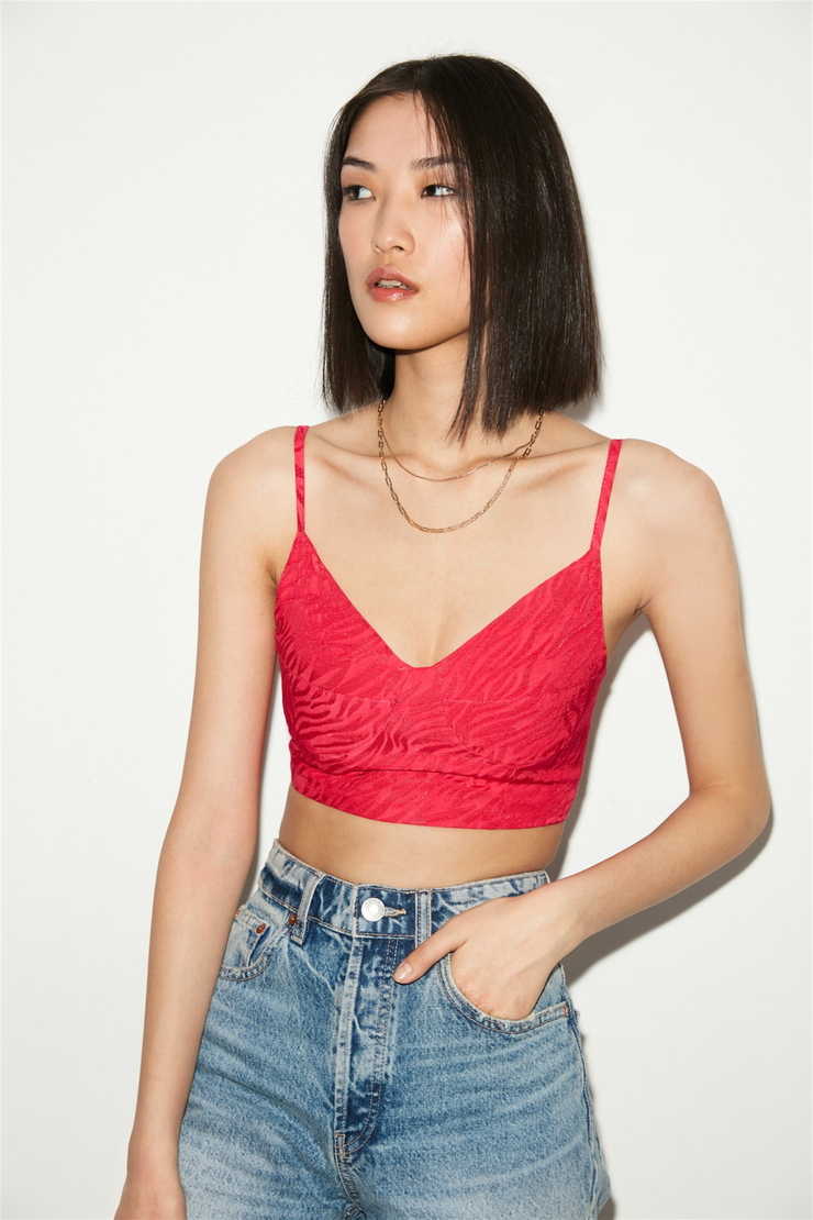 MIMOSA Fuşya Kadın Leopar Desenli V Yaka  Göğüs Kuplu   Crop Fit Büstiyer