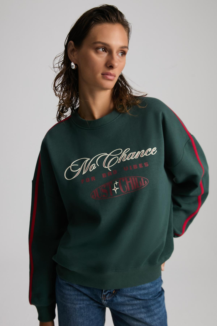 MIREILLE Kadın Baskılı 3 İplik Örme Organik Pamuk Regular Fit Yeşil Sweatshirt