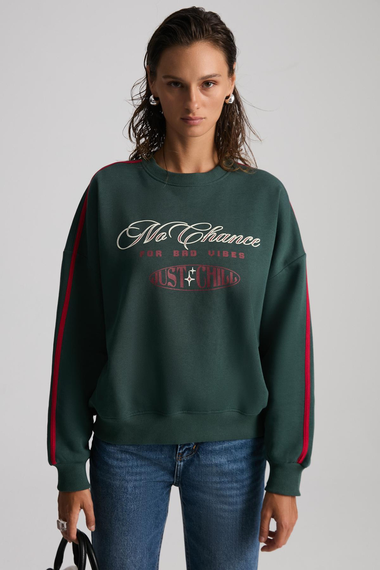 MIREILLE Kadın Baskılı 3 İplik Örme Organik Pamuk Regular Fit Yeşil Sweatshirt