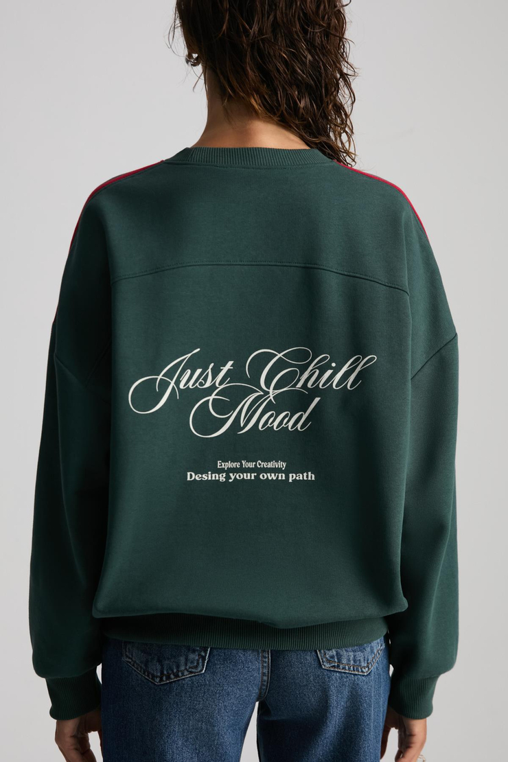 MIREILLE Kadın Baskılı 3 İplik Örme Organik Pamuk Regular Fit Yeşil Sweatshirt