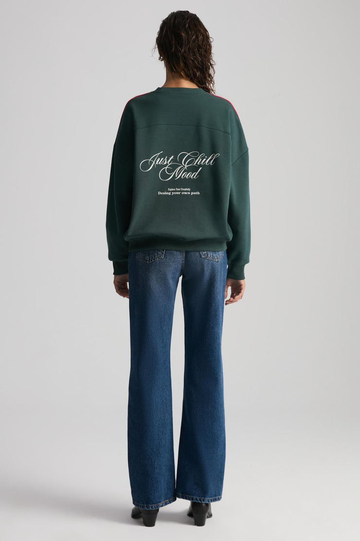 MIREILLE Kadın Baskılı 3 İplik Örme Organik Pamuk Regular Fit Yeşil Sweatshirt