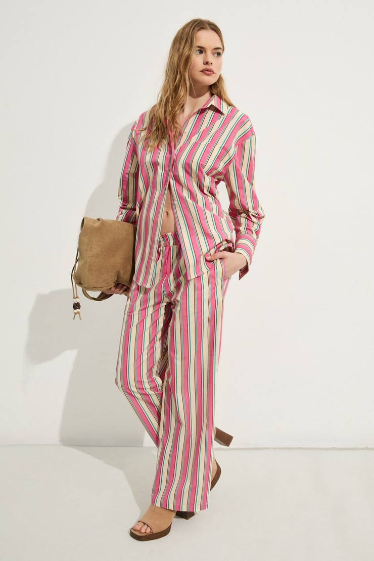 MIREL Kadın Oversize Fit %100 Organik Pamuklu Pembe Çizgili Gömlek