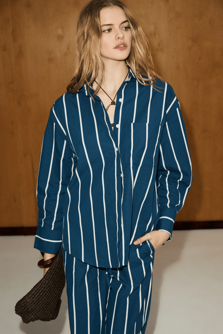 MIREL Kadın Oversize Fit %100 Organik Pamuklu Lacivert-Çizgili Gömlek