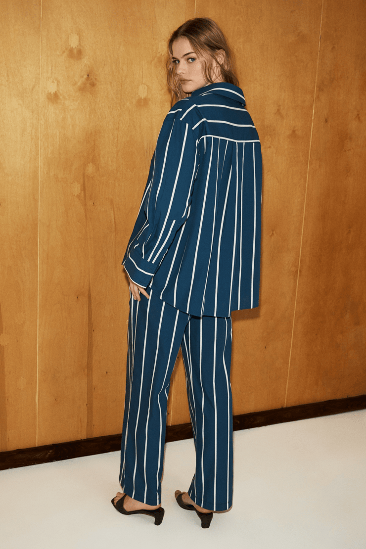 MIREL Kadın Oversize Fit %100 Organik Pamuklu Lacivert-Çizgili Gömlek