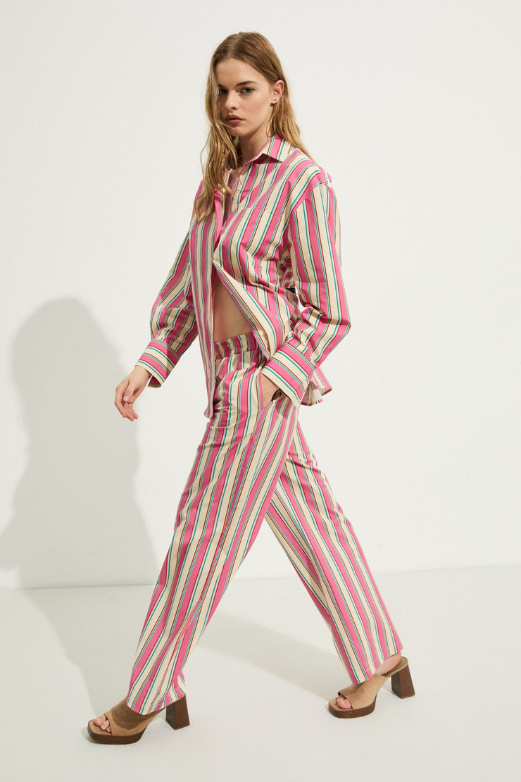 MIREL Kadın Oversize Fit %100 Organik Pamuklu Pembe Çizgili Gömlek